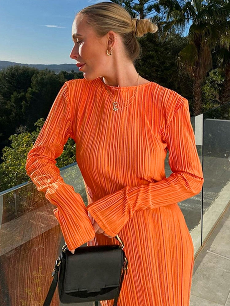 Women Fashion Long Sleeve Streetwear Bodycon Orange Midi Dress Autumn Clothes Wholesale Items For Business