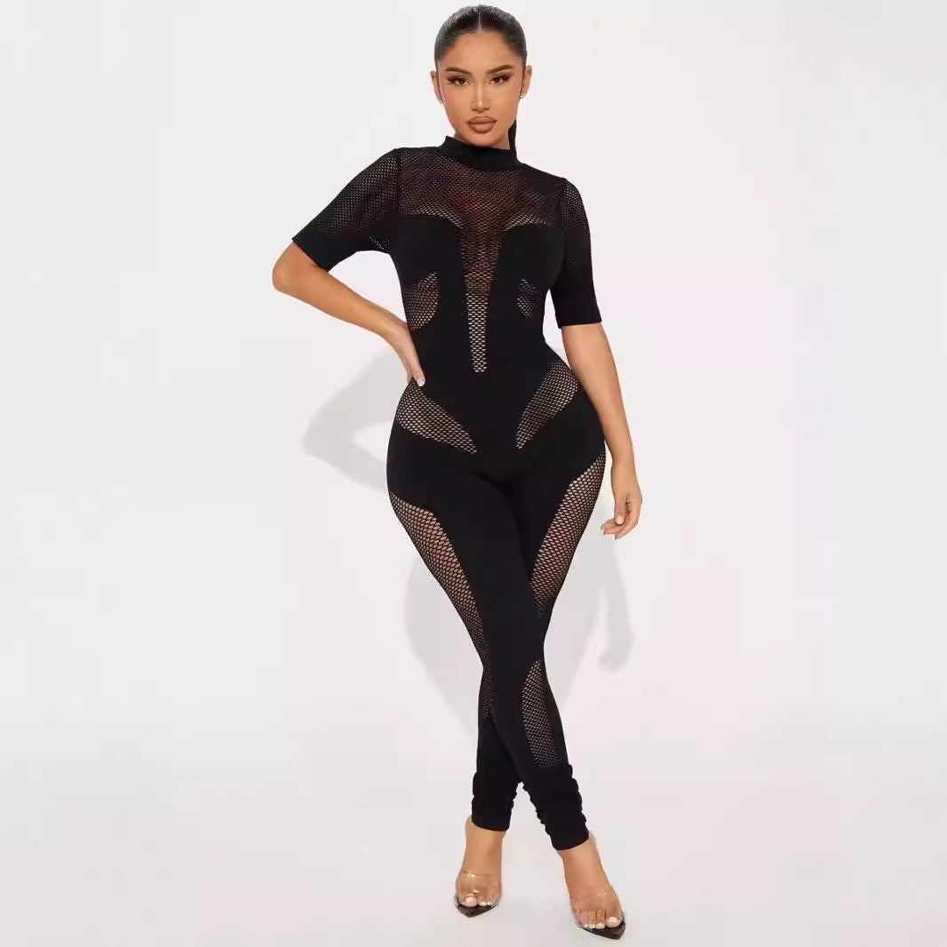 Round neck short sleeved see through slim fit sexy one-piece knitted jumpsuit for women