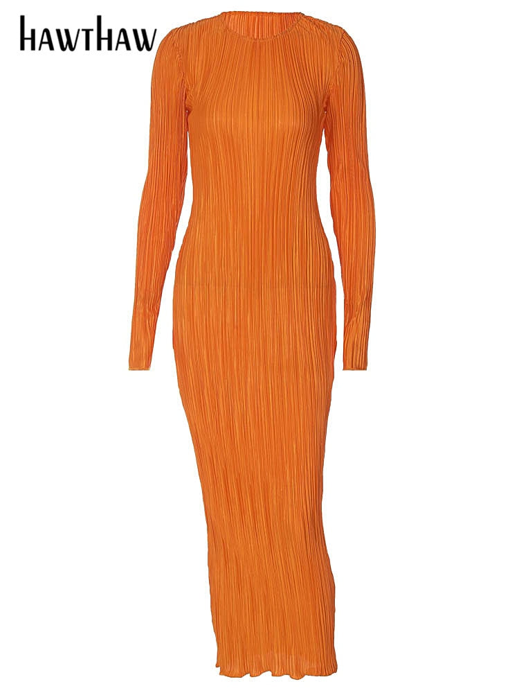 Women Fashion Long Sleeve Streetwear Bodycon Orange Midi Dress Autumn Clothes Wholesale Items For Business