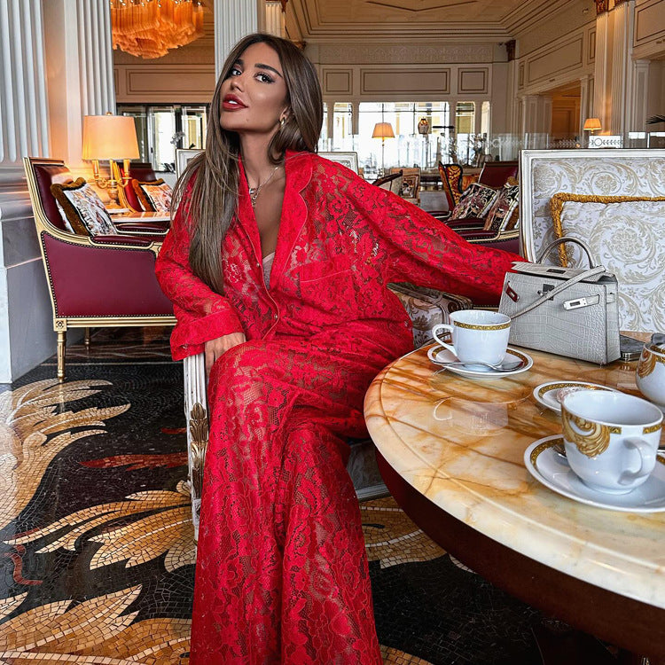 New lace perspective two-piece set for sexy and spicy women, fashionable lapel shirt and pants set