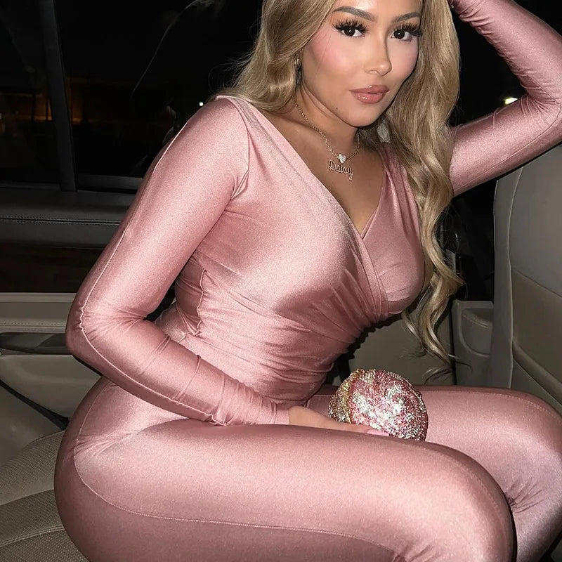 Autumn Solid Casual Two Piece Set Women Sexy Wrapped V Neck Off Shoulder Gloves Long Sleeve Crop Top Slim Split Pants Suits