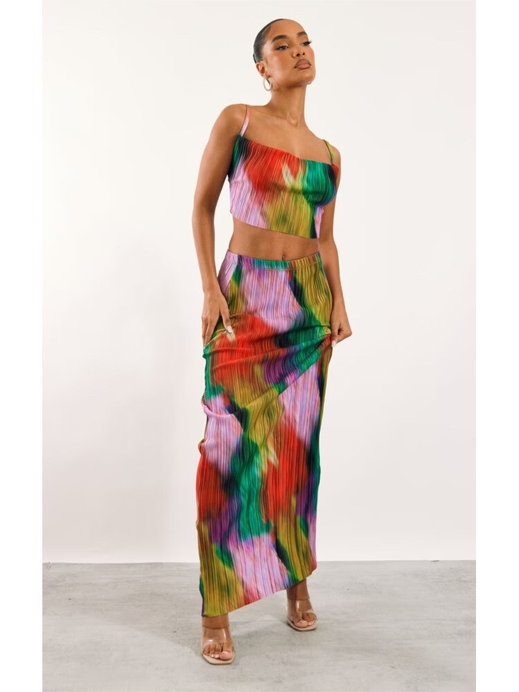 Purple Printed Pleated Sling Top And Skirt Sets Sleeveless Crop Tops Wrap Hip Long Skirts Suit