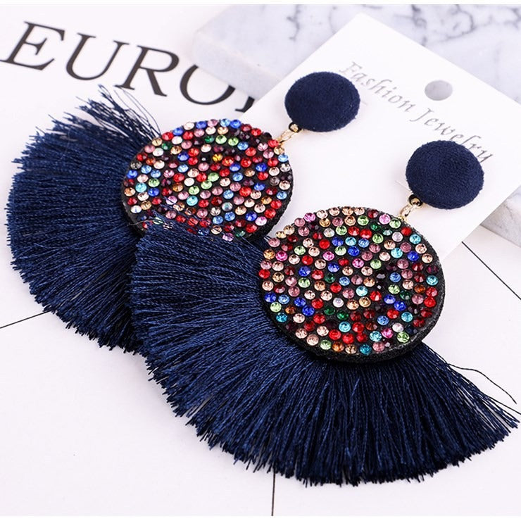 Exaggerated Round Diamond Tassel Earrings Women Fashion Accessories