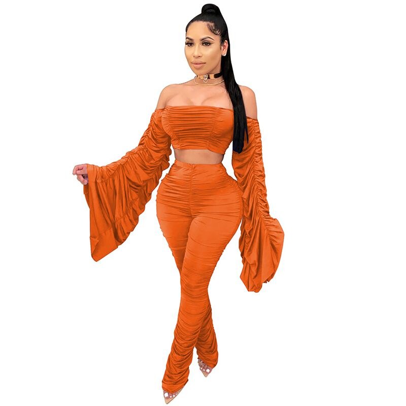 Spring Summer Two Piece Set Women Solid One Shoulder Shirring 2 Piece Sets Pant Suits Club Outfits Streetwear Wholesale Items