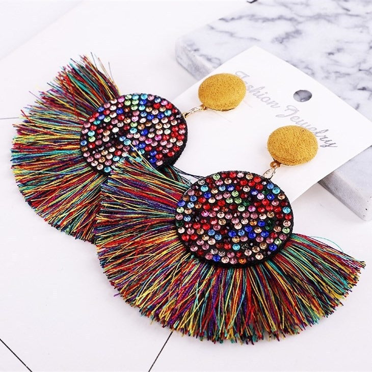Exaggerated Round Diamond Tassel Earrings Women Fashion Accessories