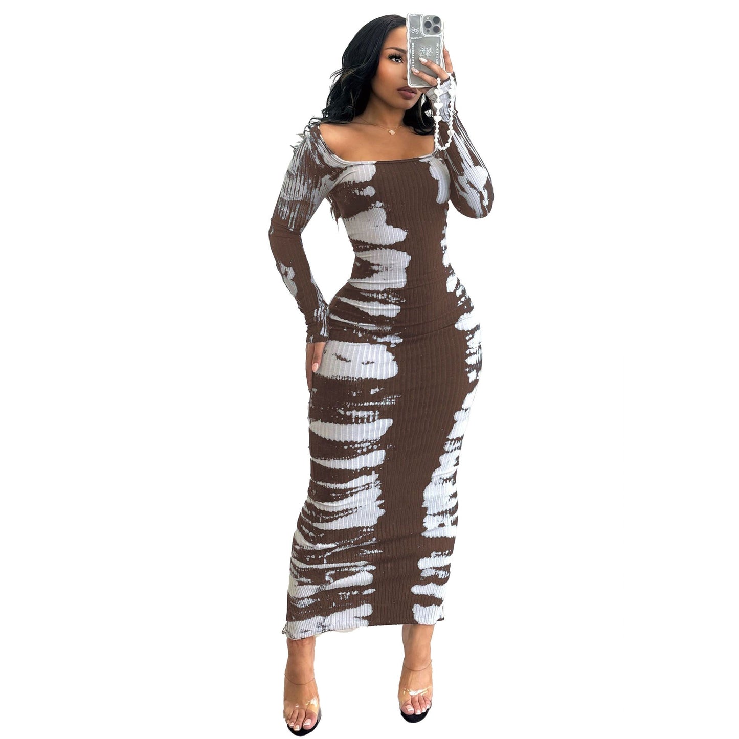 Sexy elastic hip-hugging printed bodycon dress with slits at the back