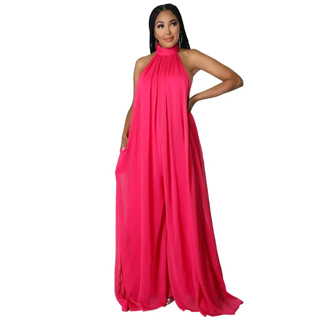 Elegant Holiday Chiffon Jumpsuits Halter Sleeveless High Waist Women Wide Leg Playsuit Open Back Pleated Rompers