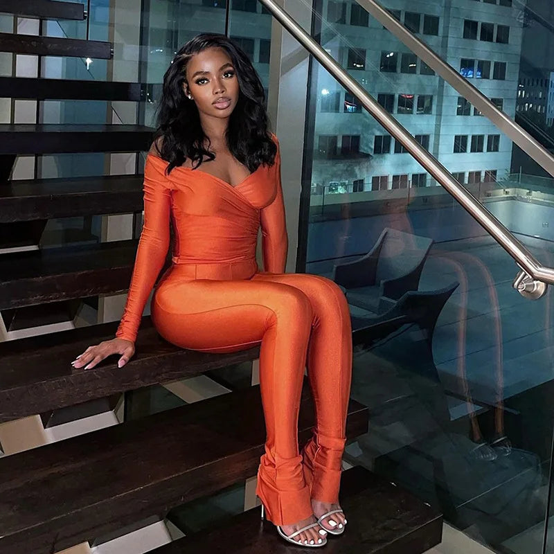 Autumn Solid Casual Two Piece Set Women Sexy Wrapped V Neck Off Shoulder Gloves Long Sleeve Crop Top Slim Split Pants Suits
