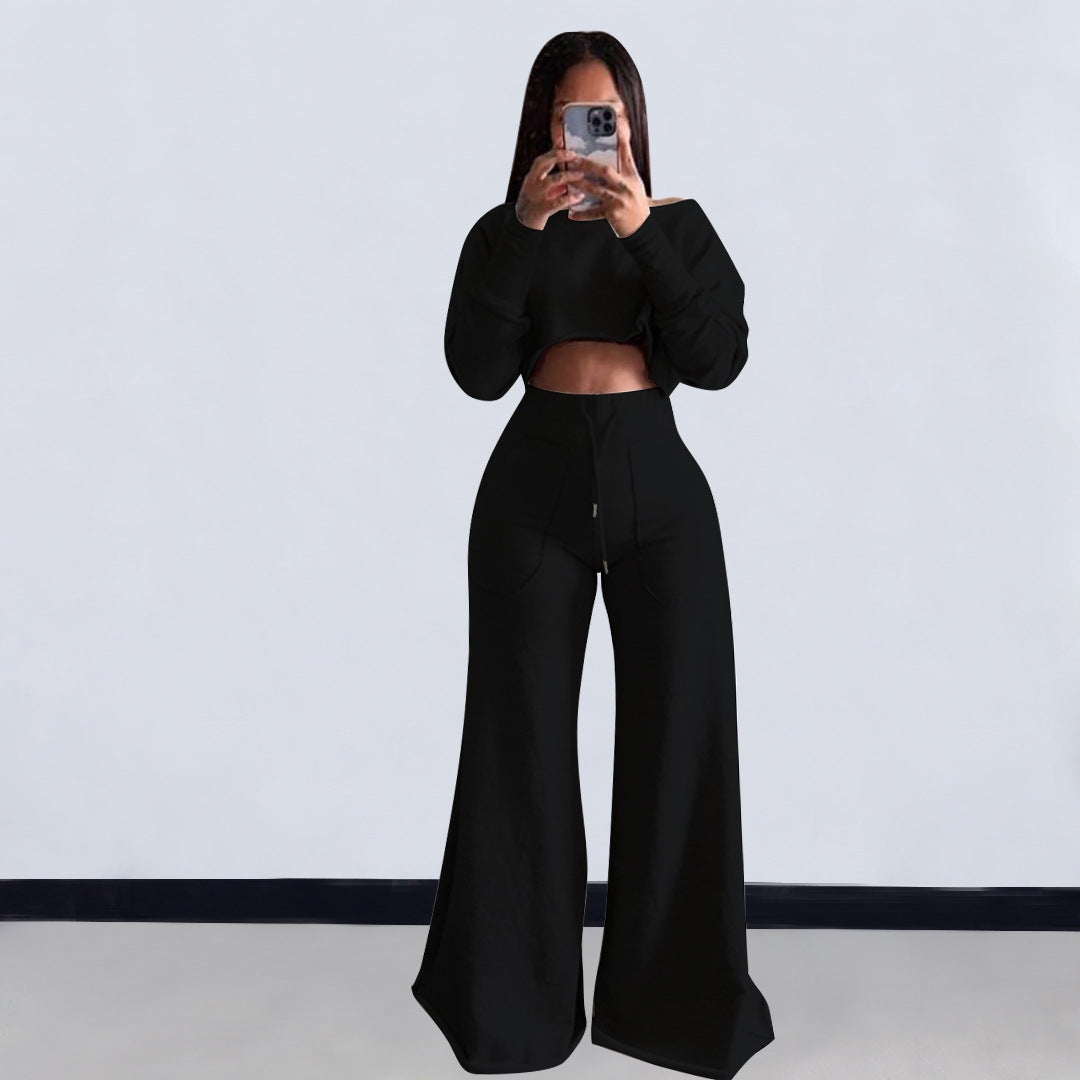High-end Hoodies Set Sexy Young Daily Solid High Waist Full Sleeve + Long Wide Leg Pants Lady 2 Piece Sets