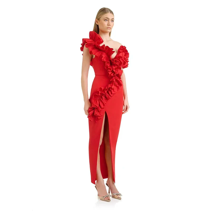 Women's Black Red Fold Medium Length Sexy Celebrity Cocktail Party Bandage Dress