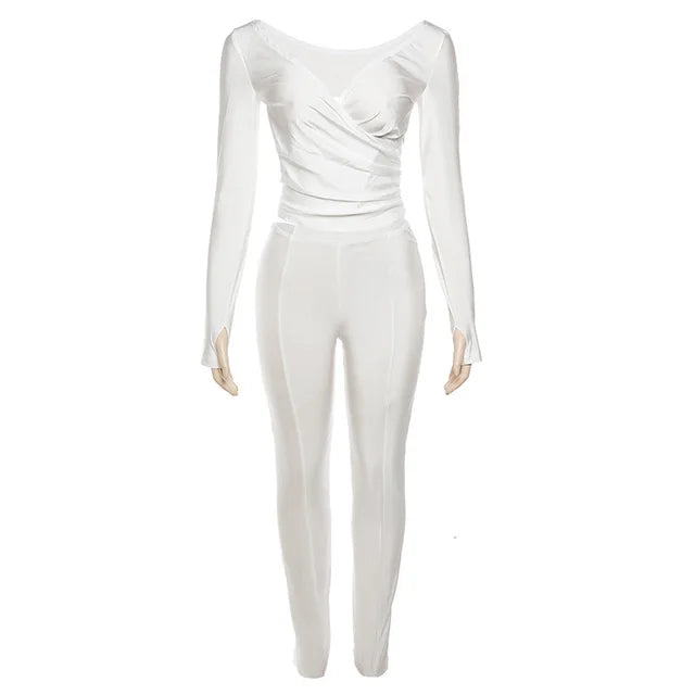 Autumn Solid Casual Two Piece Set Women Sexy Wrapped V Neck Off Shoulder Gloves Long Sleeve Crop Top Slim Split Pants Suits