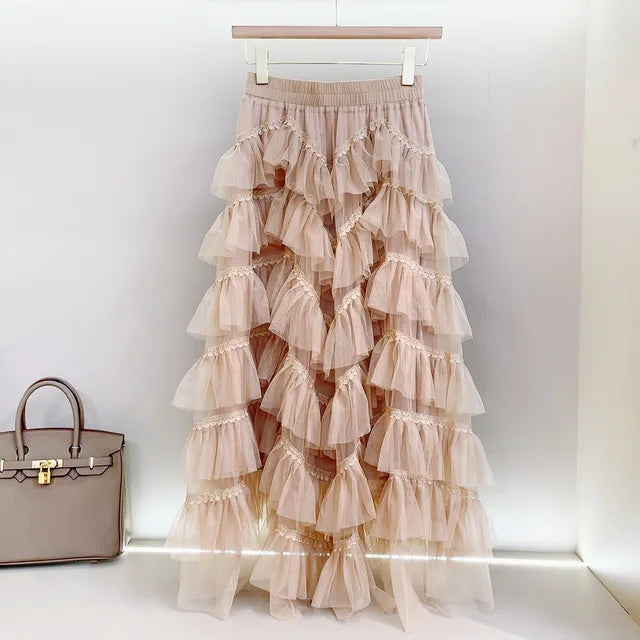 Patchwork Lace Tulle Tiered Tutu Maxi Skirt Women 2023 Spring Summer Korean Fashion Mesh High Waist Long Skirt Female