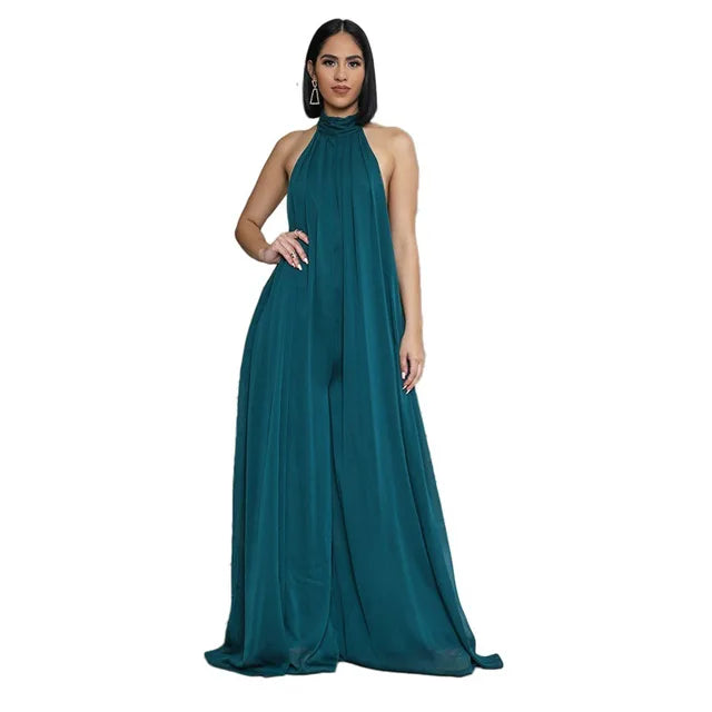 Elegant Holiday Chiffon Jumpsuits Halter Sleeveless High Waist Women Wide Leg Playsuit Open Back Pleated Rompers