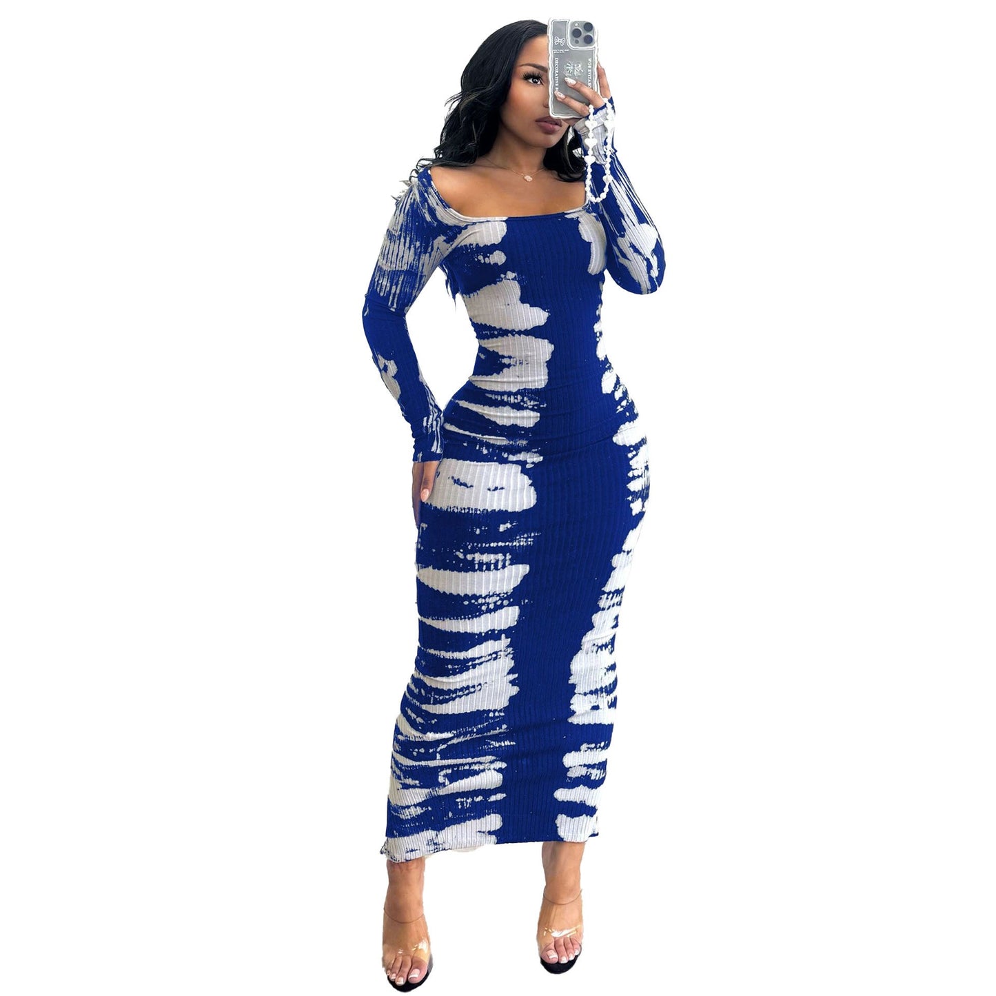 Sexy elastic hip-hugging printed bodycon dress with slits at the back