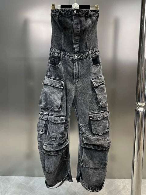 Solid Jumpsuits For Women Strapless Sleeveless High Waist Cargo Pants Summer Jumpsuit Female Fashion Clothing