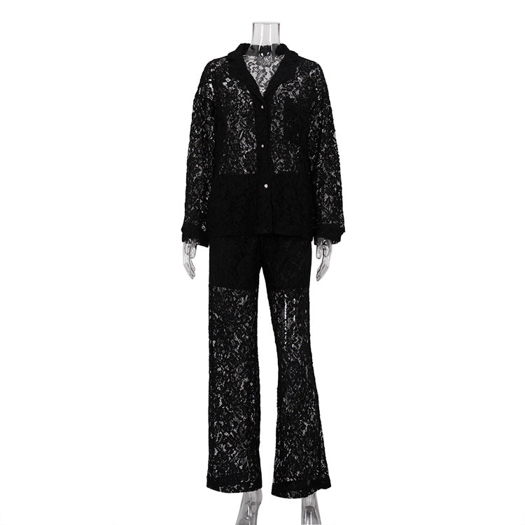 New lace perspective two-piece set for sexy and spicy women, fashionable lapel shirt and pants set