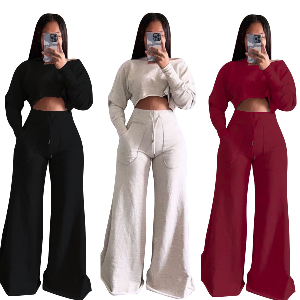High-end Hoodies Set Sexy Young Daily Solid High Waist Full Sleeve + Long Wide Leg Pants Lady 2 Piece Sets