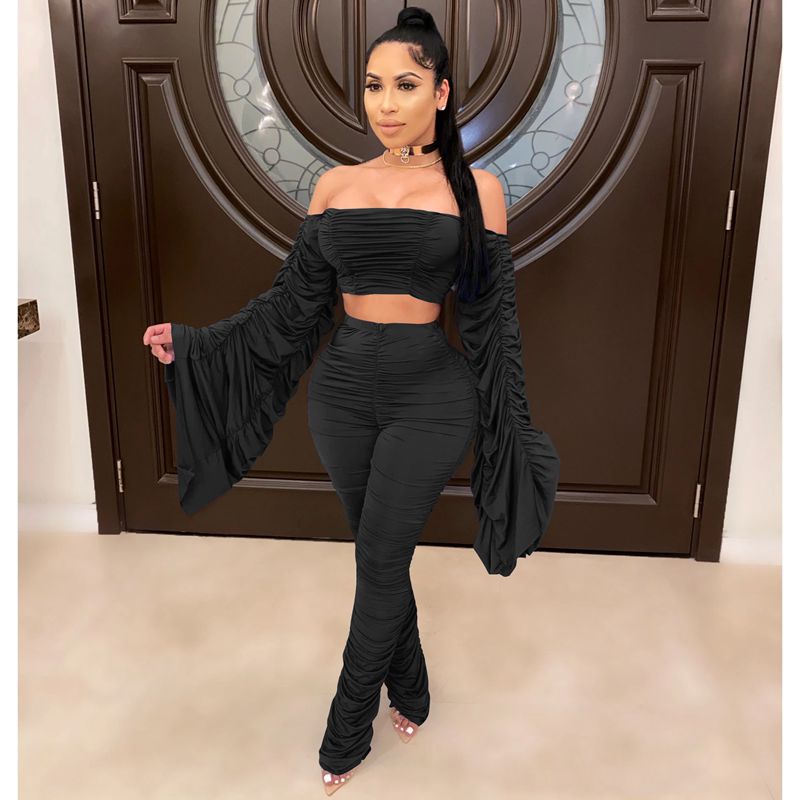Spring Summer Two Piece Set Women Solid One Shoulder Shirring 2 Piece Sets Pant Suits Club Outfits Streetwear Wholesale Items