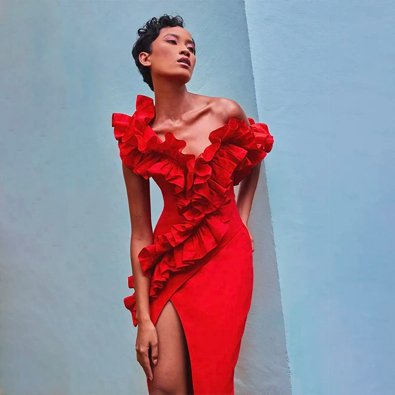Women's Black Red Fold Medium Length Sexy Celebrity Cocktail Party Bandage Dress