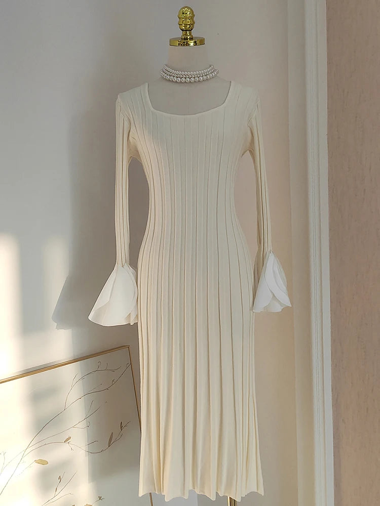 Splicing Knitting Elegant Dresses For Women Square Collar Petal Border Long Sleeve Dress New Spring Clothing