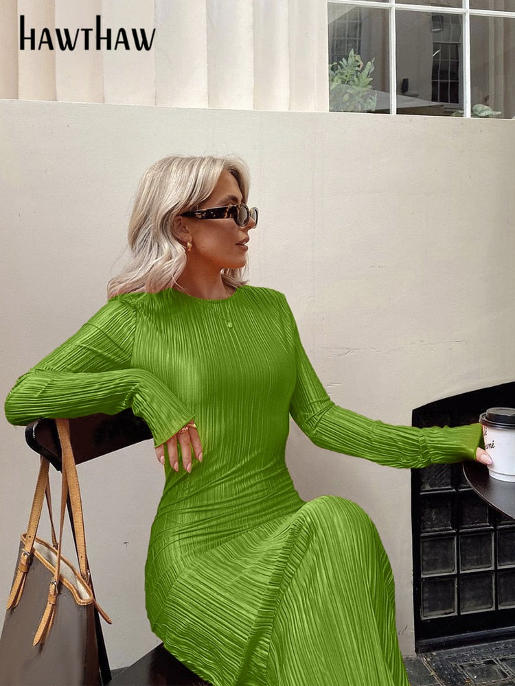 Women Fashion Long Sleeve Streetwear Bodycon Orange Midi Dress Autumn Clothes Wholesale Items For Business