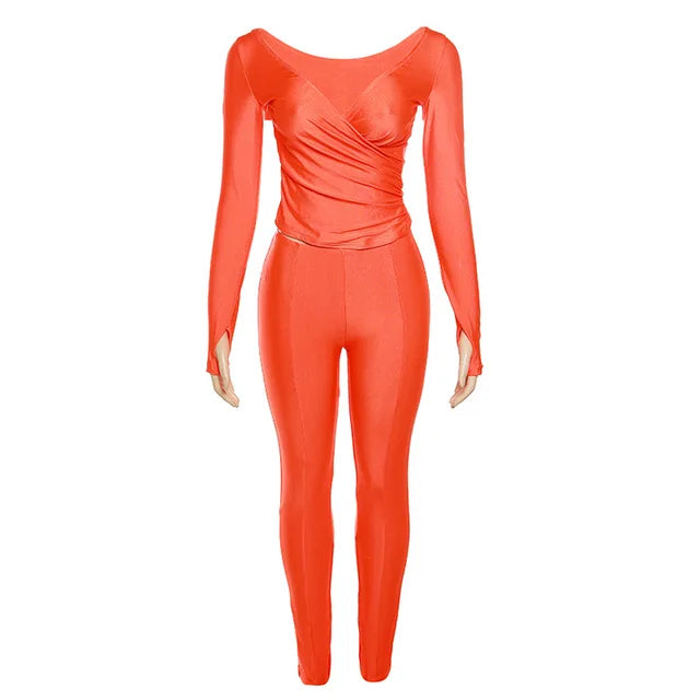 Autumn Solid Casual Two Piece Set Women Sexy Wrapped V Neck Off Shoulder Gloves Long Sleeve Crop Top Slim Split Pants Suits