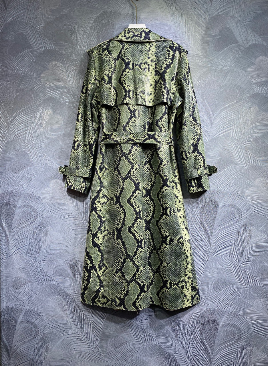New Style Fashion Designer Coat Women's Long Sleeve Belt Slim Fit High Waist Snakeskin grain Coat