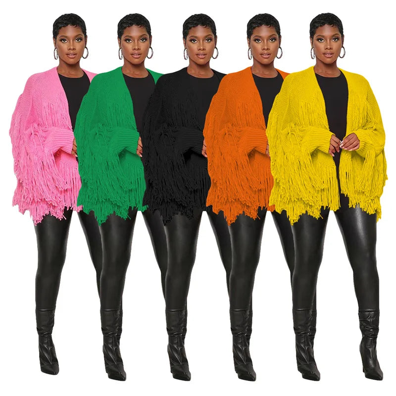 Znaiml Winter Long Sleeve Knitted Shaggy Fluffy Loose Coat Outerwear Tops Women Tassel Fringe Cardigans Sweater Outfits
