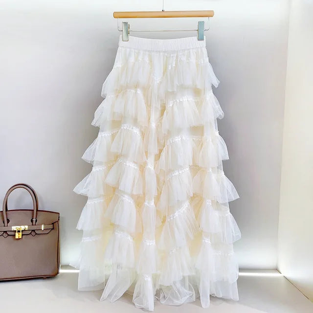 Patchwork Lace Tulle Tiered Tutu Maxi Skirt Women 2023 Spring Summer Korean Fashion Mesh High Waist Long Skirt Female