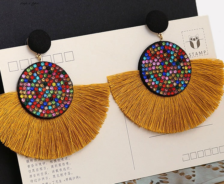 Exaggerated Round Diamond Tassel Earrings Women Fashion Accessories