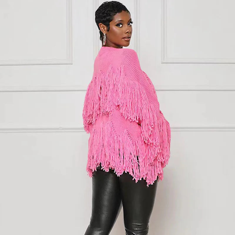Znaiml Winter Long Sleeve Knitted Shaggy Fluffy Loose Coat Outerwear Tops Women Tassel Fringe Cardigans Sweater Outfits
