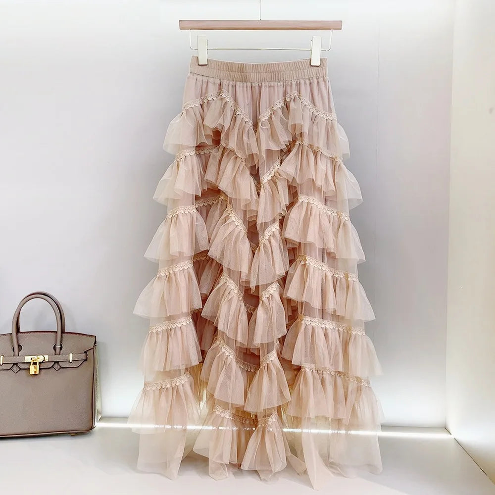 Patchwork Lace Tulle Tiered Tutu Maxi Skirt Women 2023 Spring Summer Korean Fashion Mesh High Waist Long Skirt Female
