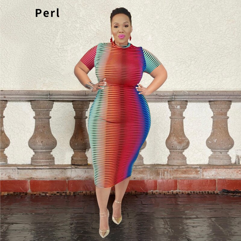 Colorful Gradient Maxi Dress Short Sleeve Plus Size Women's Clothing Pullover Round Neck Outfit Summer Street Wear