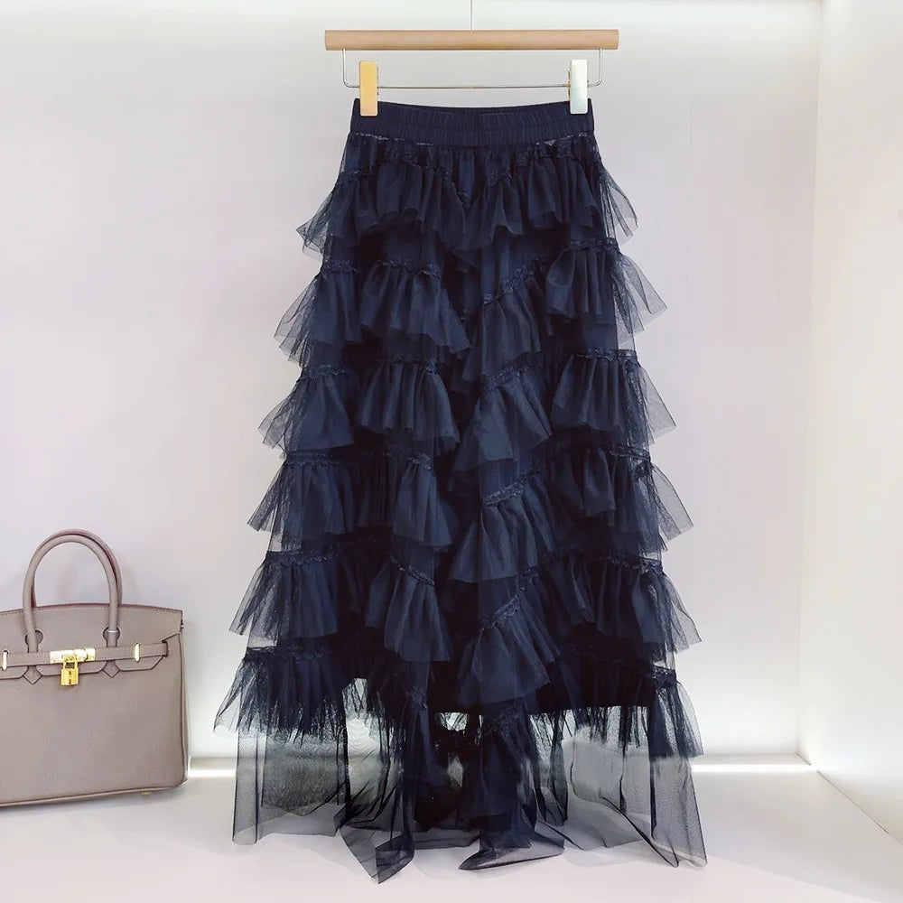 Patchwork Lace Tulle Tiered Tutu Maxi Skirt Women 2023 Spring Summer Korean Fashion Mesh High Waist Long Skirt Female