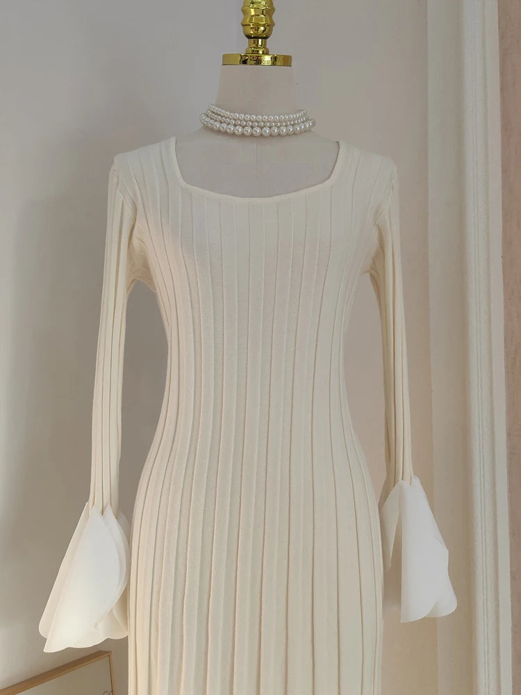 Splicing Knitting Elegant Dresses For Women Square Collar Petal Border Long Sleeve Dress New Spring Clothing