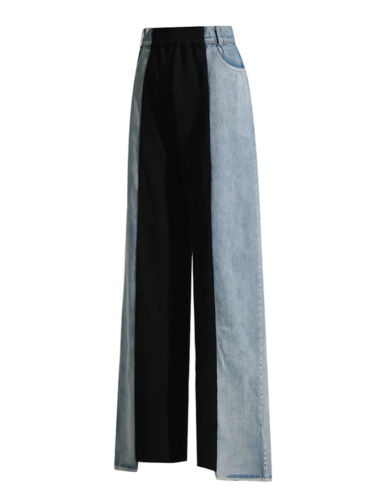 Straight Loose Denim Pants Female High Waist Colorblock Loose Wide Leg Long Trousers Women Clothing