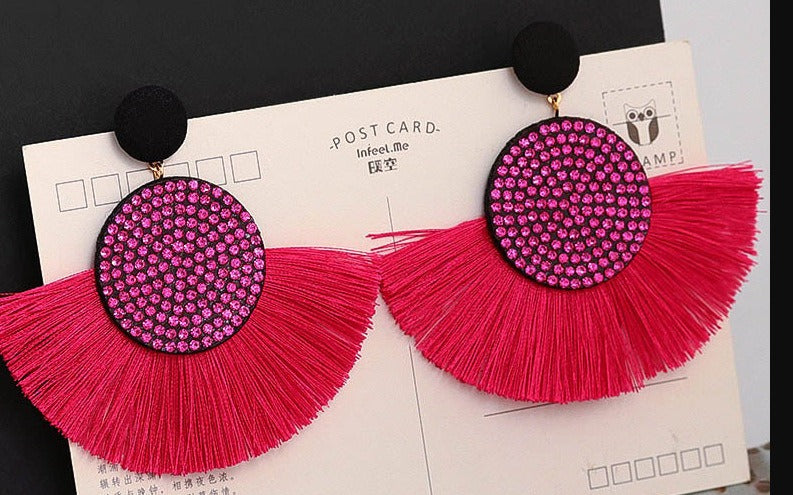 Exaggerated Round Diamond Tassel Earrings Women Fashion Accessories