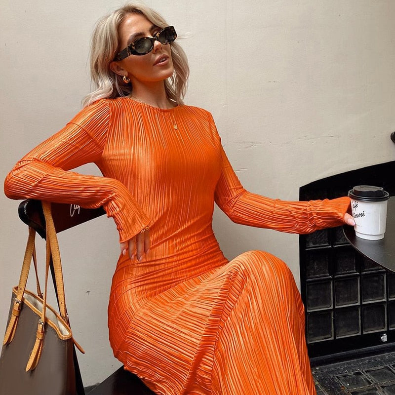 Women Fashion Long Sleeve Streetwear Bodycon Orange Midi Dress Autumn Clothes Wholesale Items For Business