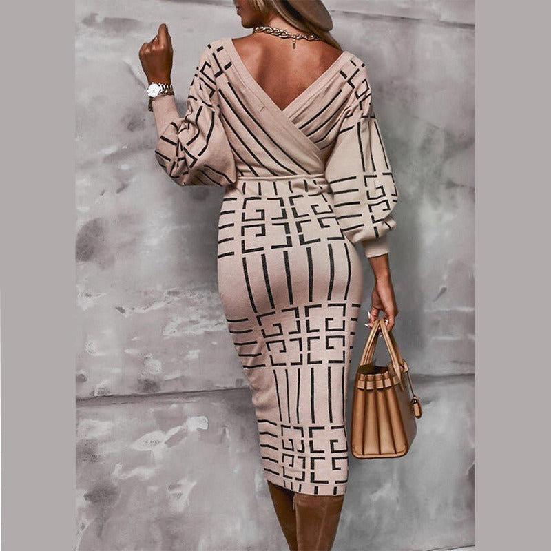 V-neck Geometric Bodycon Sweater Dress