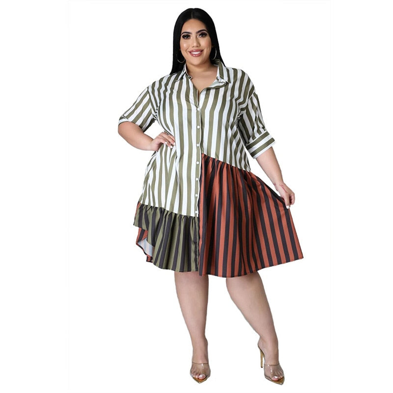 Plus Size Clothing for Women Dress Wholesale Fashion Streetwear Patchwork Striped Office Lady Shirts Midi Dresses Dropshipping