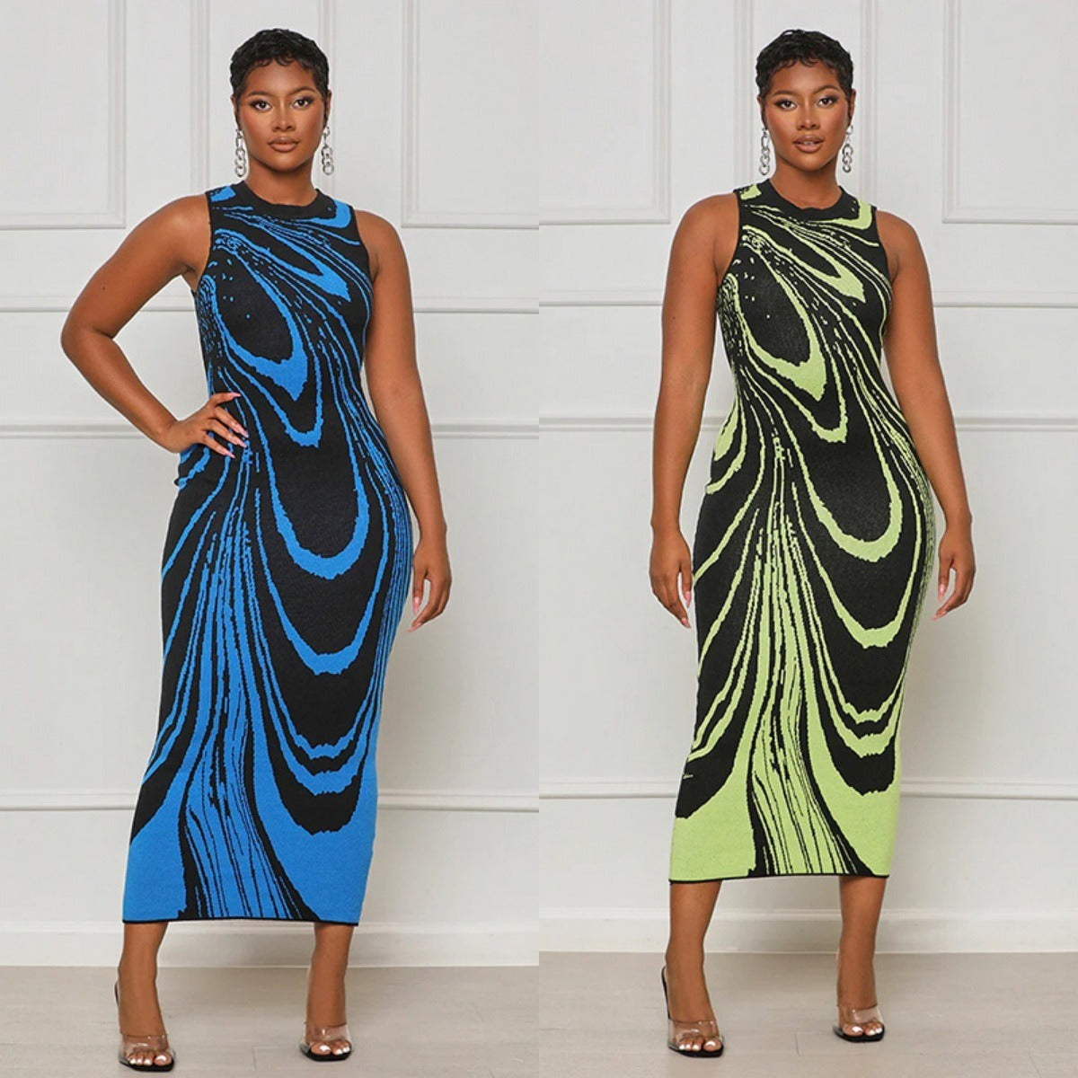 Women Wave Striped O-neck Sleeveless Ribbed Birthday Bodycon Midi Maxi Dress INS Sexy Party Dresses