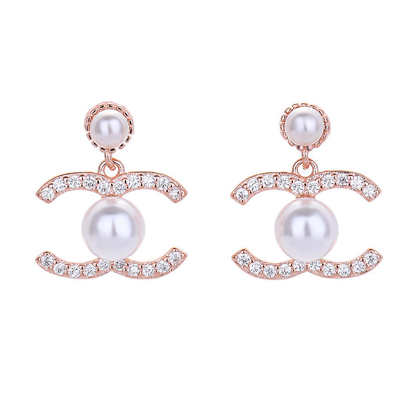 Simple Pearl Earrings Temperament Gold Diamond Studded Letter Earrings
