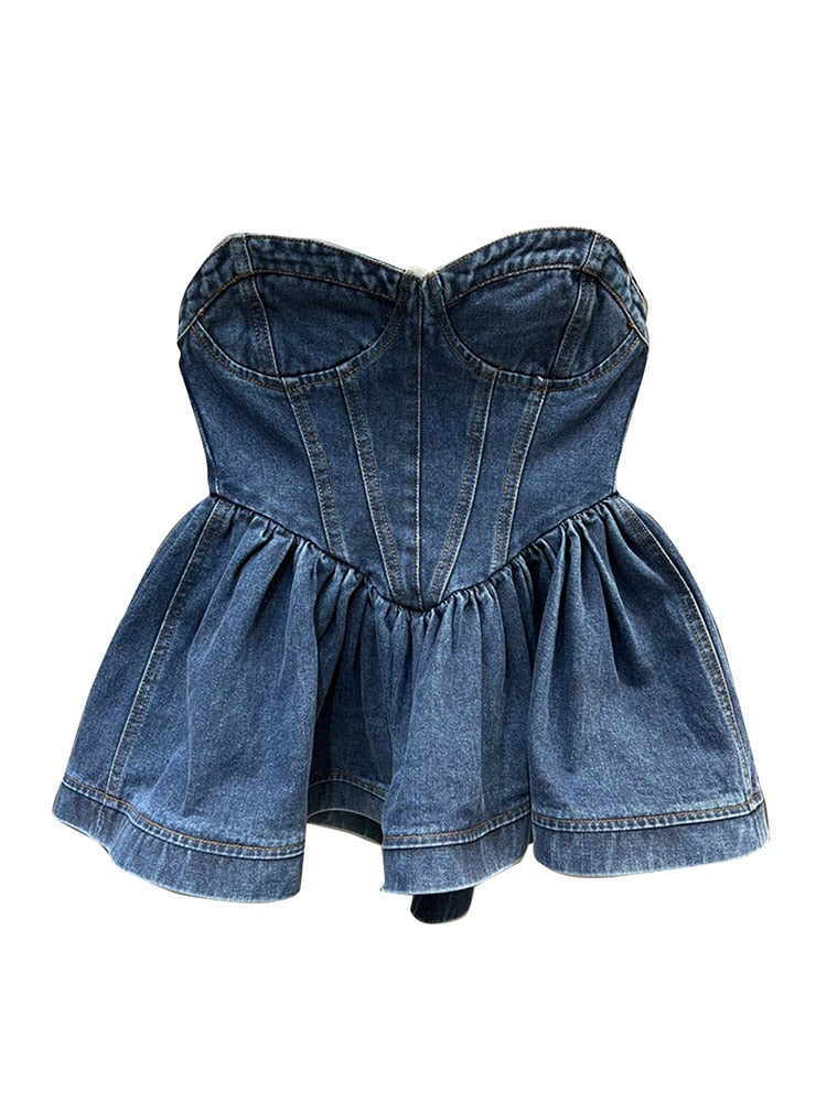 Sexy Denim Vests For Women Starpless Sleeveless Patchwork Ruffles Summer Temperament Tank Tops Female Fashion