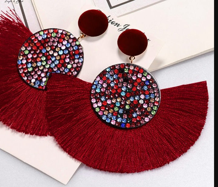 Exaggerated Round Diamond Tassel Earrings Women Fashion Accessories