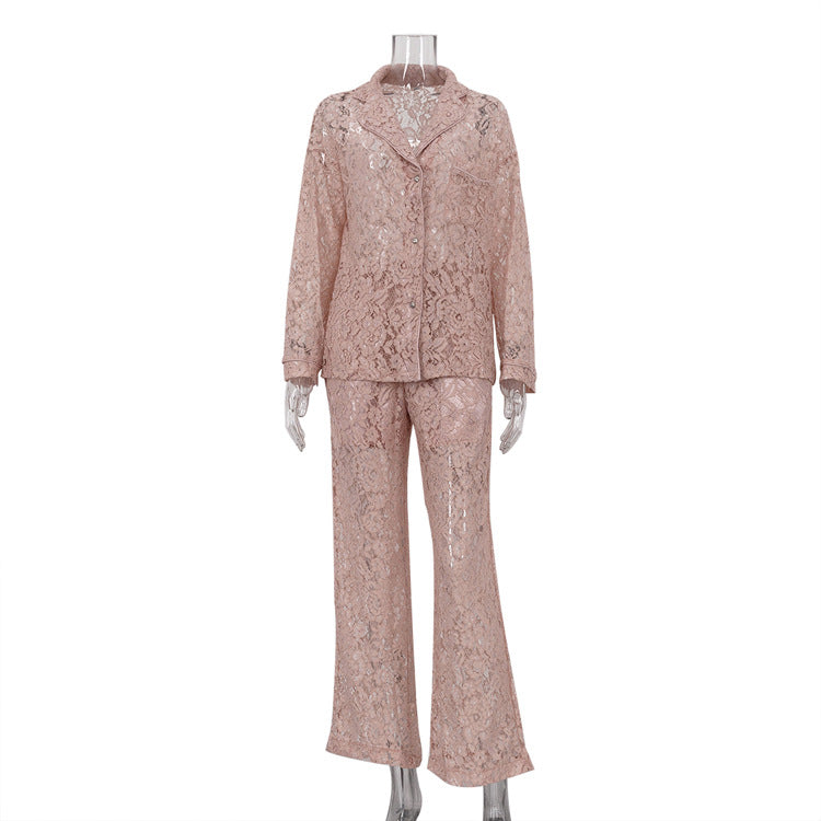 New lace perspective two-piece set for sexy and spicy women, fashionable lapel shirt and pants set