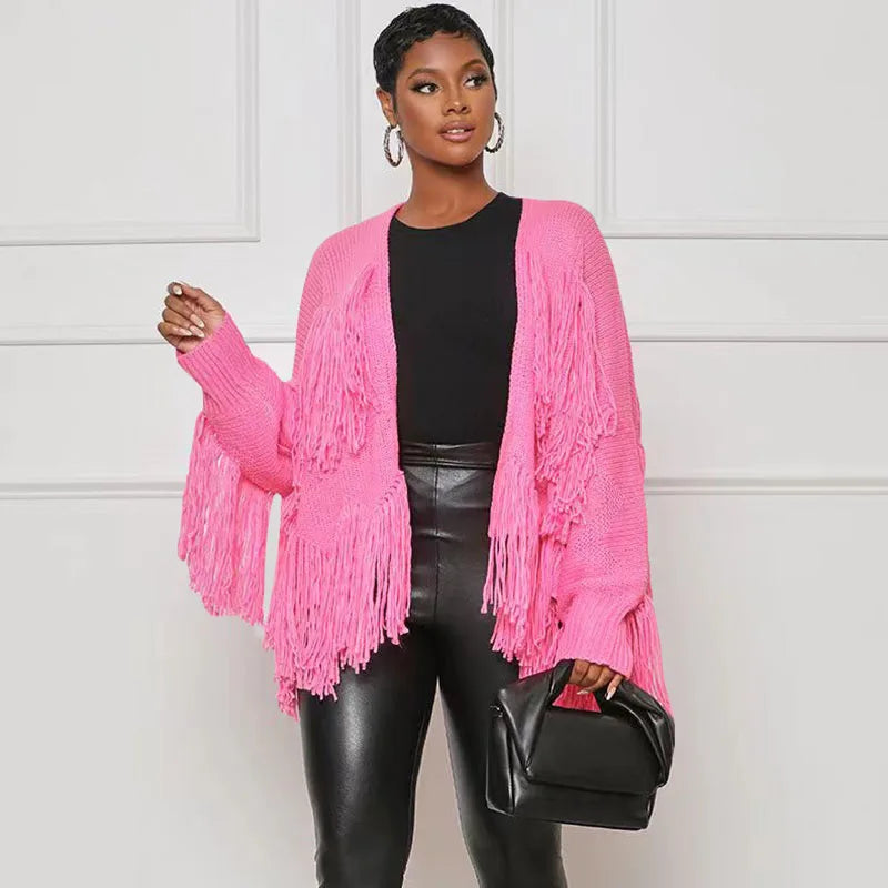 Znaiml Winter Long Sleeve Knitted Shaggy Fluffy Loose Coat Outerwear Tops Women Tassel Fringe Cardigans Sweater Outfits