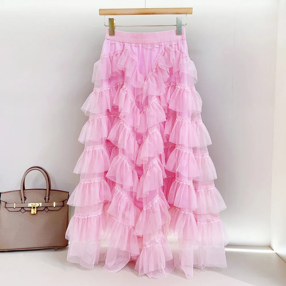 Patchwork Lace Tulle Tiered Tutu Maxi Skirt Women 2023 Spring Summer Korean Fashion Mesh High Waist Long Skirt Female