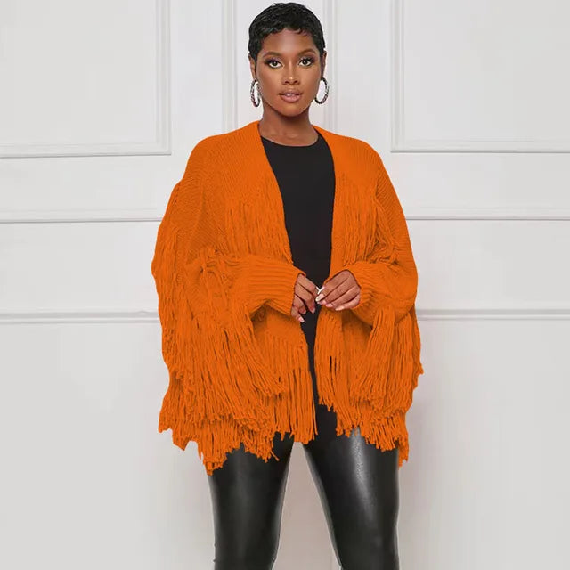 Znaiml Winter Long Sleeve Knitted Shaggy Fluffy Loose Coat Outerwear Tops Women Tassel Fringe Cardigans Sweater Outfits