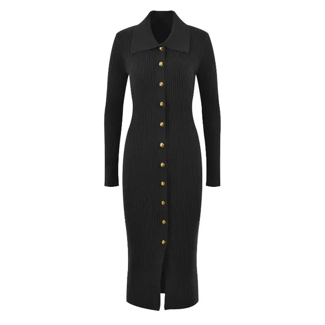 Sweater Dress Women Luxury Single Breasted Long Sleeve Knitted Dresses Autumn Winter Clothing