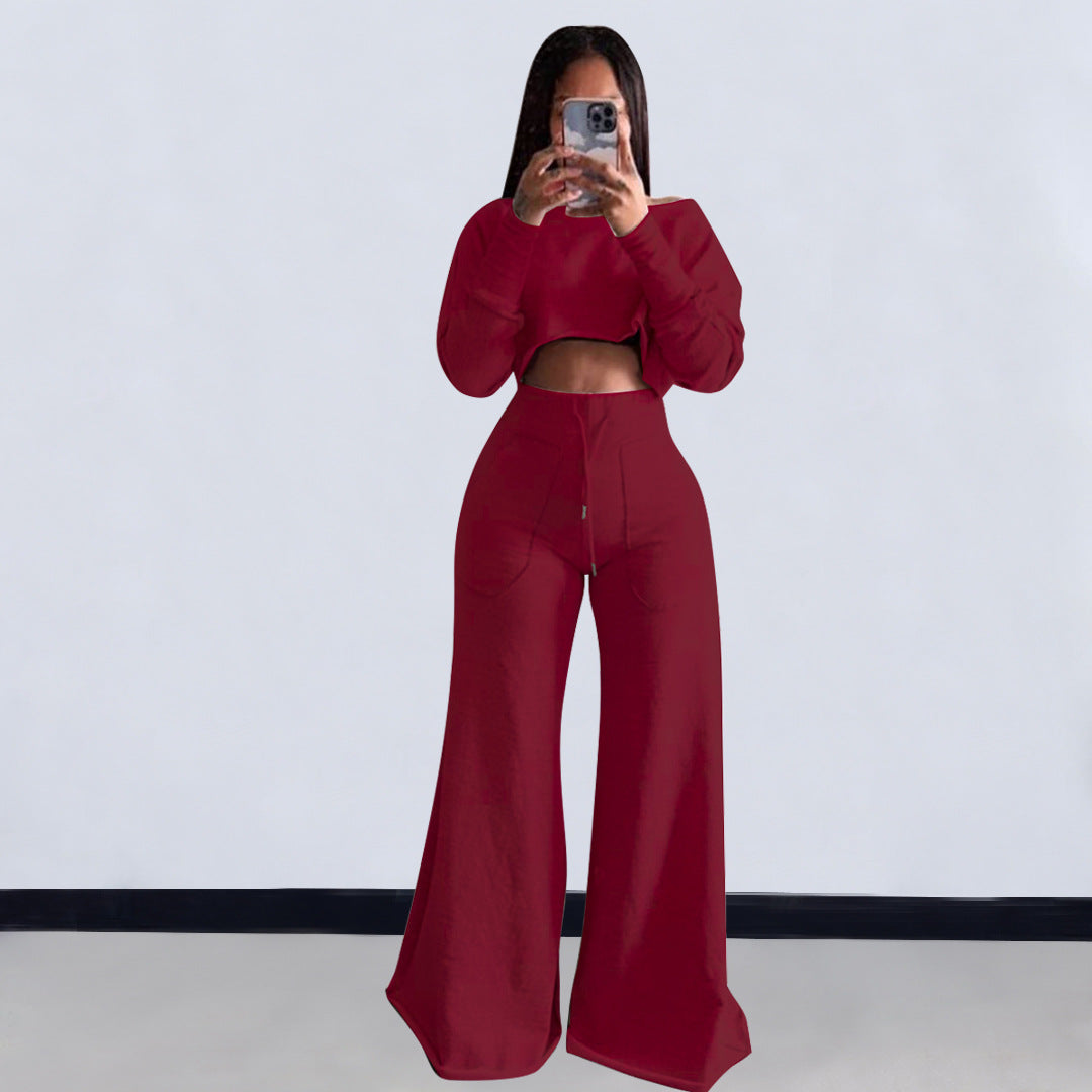 High-end Hoodies Set Sexy Young Daily Solid High Waist Full Sleeve + Long Wide Leg Pants Lady 2 Piece Sets